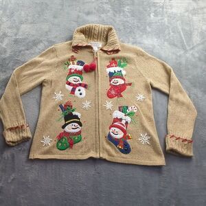Tiara International Christmas Holiday 3D Sweater Womens M Full Zip Snowmen Beige